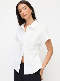 Cider - 100% Cotton Collar Short Sleeve Ruched Shirt