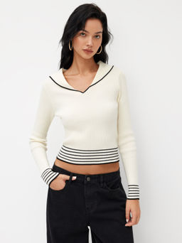 Cider - Knit Sailor Collar Stripe Contrasting Binding Long Sleeve Top