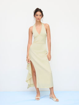 Cider - Satin Halter V-neck Split Draped Dress