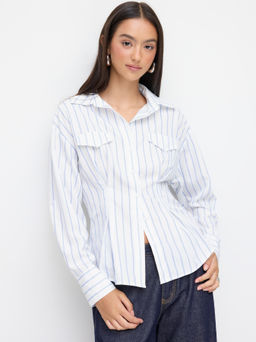 Cider - Stripe Collar Roll Up Long Sleeve Cinched Waist Blouse