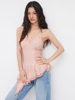 Cider - Lace Halter Neckline Asymmetrical Layered Ruffle Hem Cami Top