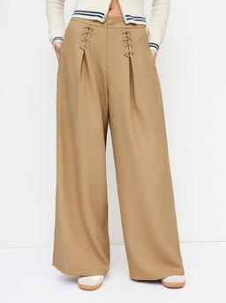 Cider - Mid Rise Elastic Waist Lace Up Wide Leg Trousers