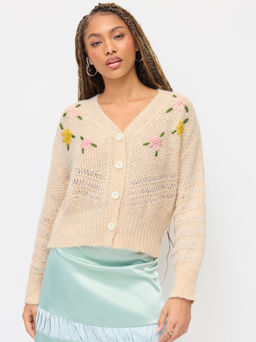 Cider - Knit V-neck Floral Embroidery Oversized Cardigan