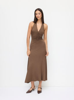 Cider - Halter V-neck Ruched Knotted Backless Dress