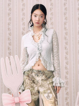 Cider - Lace Stand Collar Lettuce Trim Long Sleeve Top