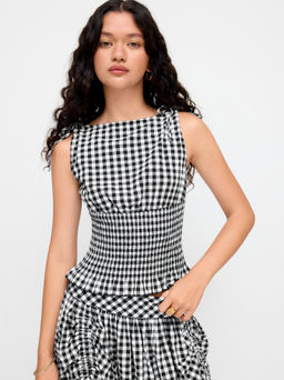 Cider - 100% Cotton Boat Neck Gingham Shirred Lettuce Trim Knotted Tank Top