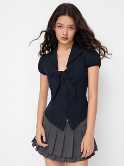 Cider - Collar Knotted Split Puff Sleeve Crop Top