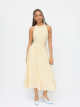Cider - Boat Neck Pleated Shirred Ruffle Hem Dress