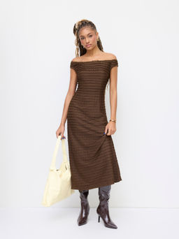 Cider - Off-shoulder Texture Lettuce Trim Dress