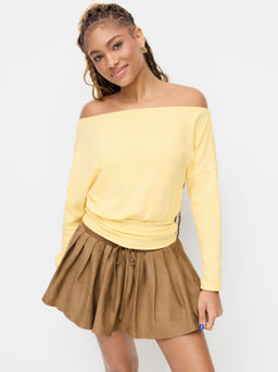 Cider - Cotton-blend Asymmetrical Neckline Ruched Cinched Waist Tee