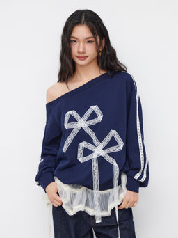 Cider - Terry Asymmetrical Neck Lace Side Striped Bowknot Oversized Sweatshirt