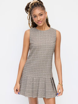Cider - Boat Neck Plaid Pleated Lace Up Knotted Mini Dress