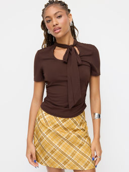 Cider - Stand Collar Knotted Ruched Short Sleeve Tee