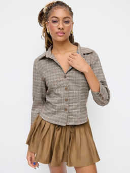 Cider - Houndstooth Collar Mid-length Sleeve Button Shirt