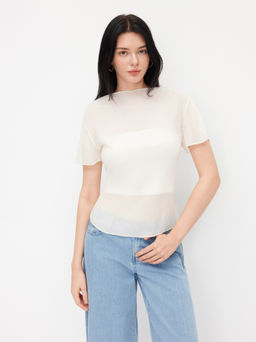 Cider - Stand Collar Textured Short Sleeve Blouse With Bandeau Top