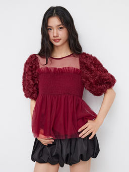 Cider - Mesh Shirred Ruffle Hem Rose Short Sleeve Babydoll Blouse