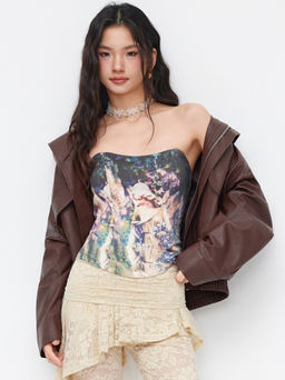 Cider - Cotton-blend Figure Oil Painting Lace Up Bandeau Corset