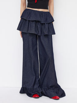 Cider - Denim Mid Rise Layered Ruffle Hem Wide Leg Jeans
