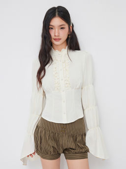 Cider - Stand Collar Lettuce Trim Tiered Bell Sleeve Blouse