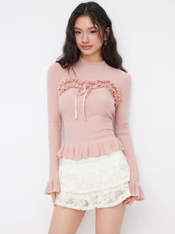 Cider - Knit Turtleneck Long Sleeve Ruffle Bowknot Crop Top With Bandeau