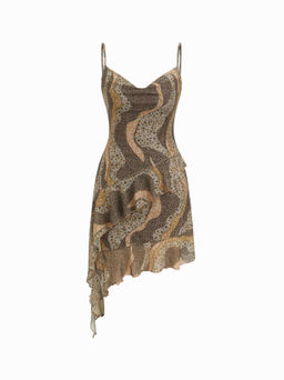 Cider - Mesh Floral Abstract Graphic Cowl Neck Asymmetrical Ruffle Mini Dress