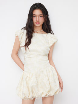 Cider - Jacquard Boat Neck Geometric Backless Bubble Hem Mini Dress