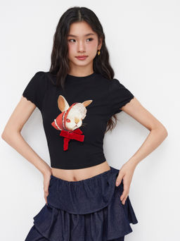 Cider - Cotton-blend Round Neckline Rabbit Graphic Lace Trim Short Sleeve Tee