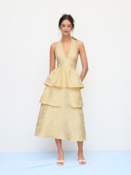 Cider - Jacquard Floral Halter V-neck Lace Up Backless Layered Dress