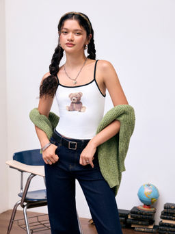 Cider - Bear Graphic Scoop Neckline Contrasting Binding Cami Top