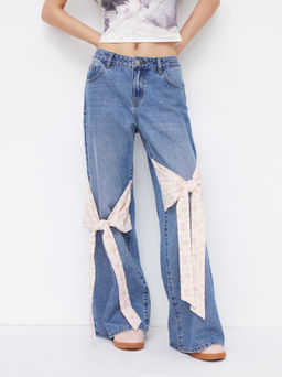 Cider - Denim Low Rise Ditsy Floral Bowknot Wide Leg Jeans