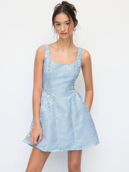 Cider - Jacquard Floral Scoop Neckline Ruffle Hem Mini Dress