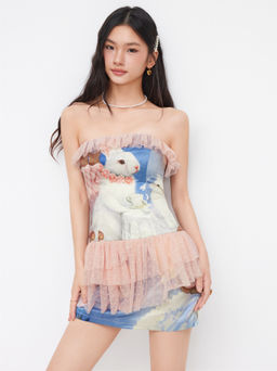 Cider - Satin Rabbit Tulle Patched Ruffle Lace Up Bandeau Mini Dress