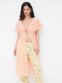 Cider - Chiffon V-neck Tiered Tie Front Lace Trim Oversized Dress