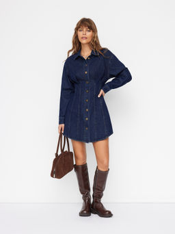 Cider - Denim Collar Pleated Button Through Mini Shirt Dress