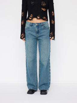 Cider - Denim Low Rise Metal Detail Straight Leg Jeans