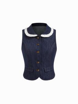 Cider - Denim Peter Pan Collar Lettuce Trim Contrasting Binding Vest