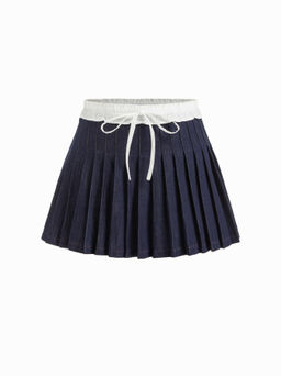 Cider - Denim Mid Rise Two Tone Bowknot Pleated Mini Skirt