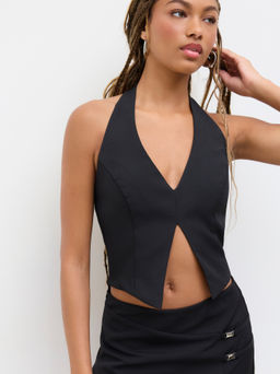 Cider - Halter Neckline Tie Back Knotted Split Top