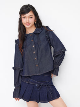 Cider - Denim Peter Pan Collar Long Sleeve Ruffle Trim Ruched Oversized Blouse