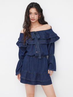 Cider - Denim U-neckline Bowknot Ruffle Layered Shirred Mini Dress