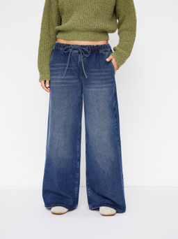 Cider - Denim Low Rise Elastic Waist Drawstring Wide Leg Jeans