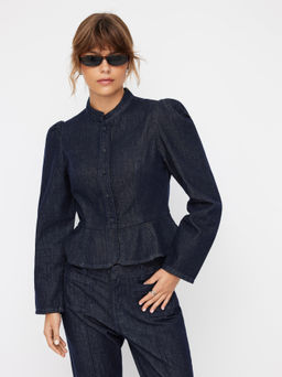 Cider - Denim Stand Collar Puff Long Sleeve Cinched Waist Button Jacket