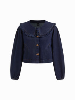 Cider - Denim Peter Pan Collar Long Sleeve Lettuce Trim Oversized Jacket