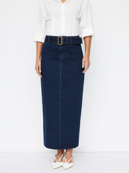 Cider - Stretch Denim Mid Rise Split Back Skirt With Belt