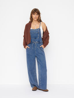 Cider - Denim Square Neck Bowknot Wide Leg Jumpsuit