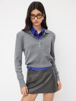 Cider - Knit Wool-blend Collar Button Top With Shoulder Pads