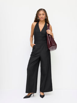 Cider - Halter Neckline Backless Straight Leg Jumpsuit