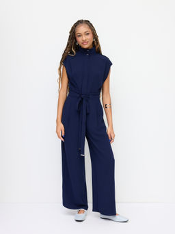 Cider - Stand Collar Zip Through Tie Front Wide Leg Jumpsuit