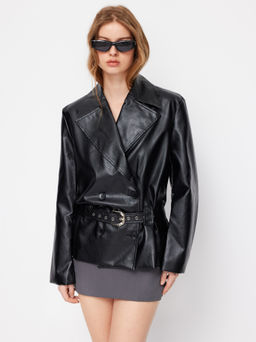 Cider - Faux Leather Collar Double Breasted Biker Jacket With Belt