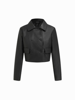 Cider - Collar Double Breasted Faux Leather Shacket